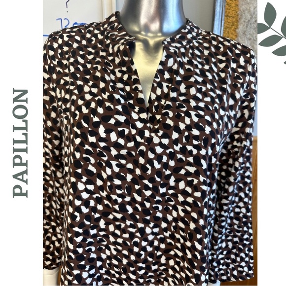 Papillon 3/4 Sleeve Spotted Blouse Black Brown White Open Collar Size Small - Picture 6 of 7